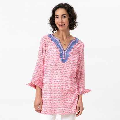 Elle Pink blu Cotton Embroidered Kurta Tunic Embroidered Tunic - rockflowerpaper