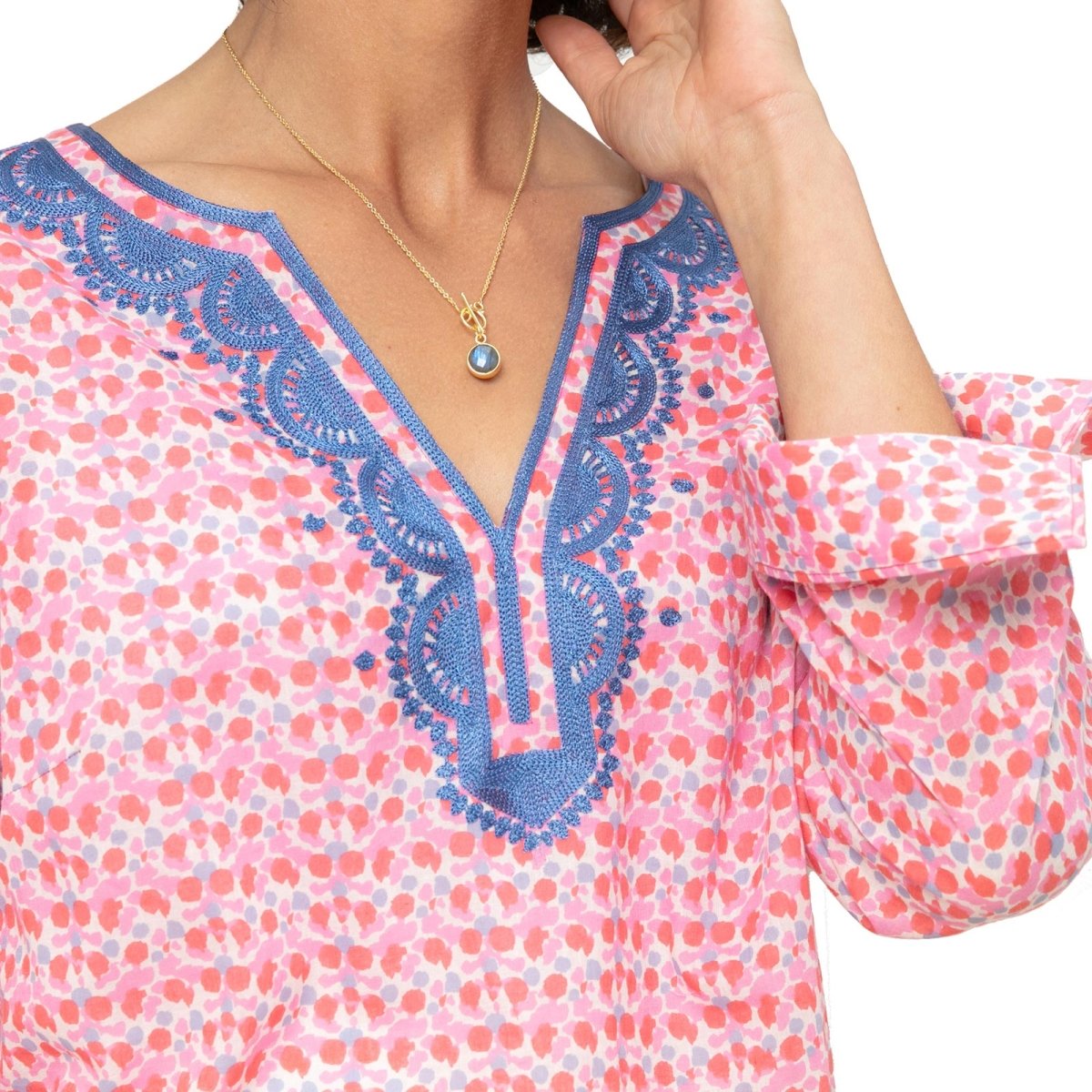 Elle Pink blu Cotton Embroidered Kurta Tunic Embroidered Tunic - rockflowerpaper