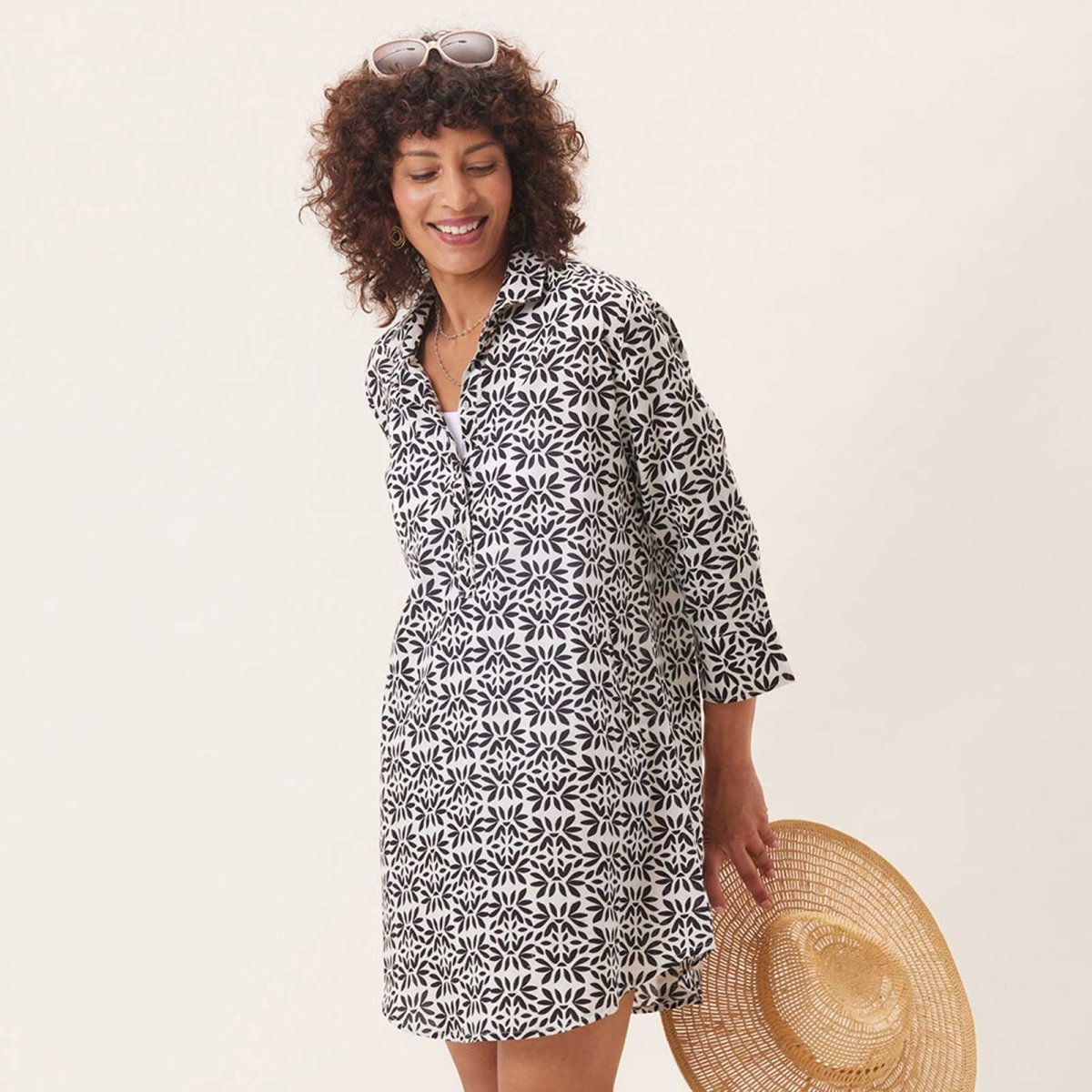 Flora Black blu Cotton Beach Shirt Swim Cover Up - rockflowerpaper