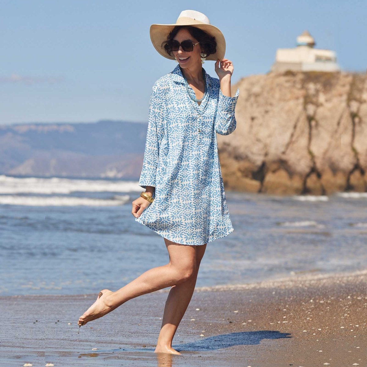 Flora Blue blu Cotton Beach Shirt Swim Cover Up - rockflowerpaper