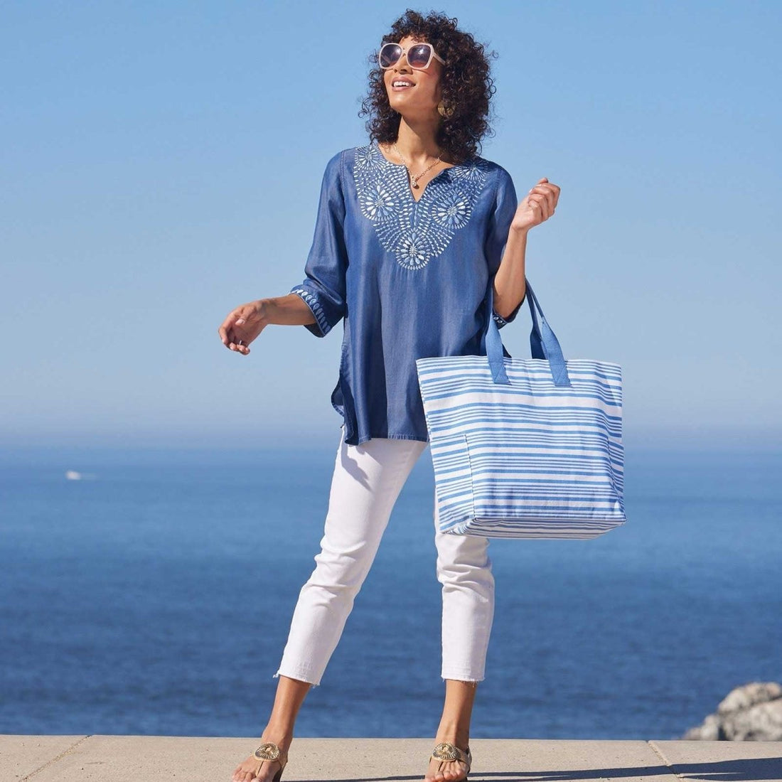 French Carryall Bag with Blue Stripes Tote - rockflowerpaper