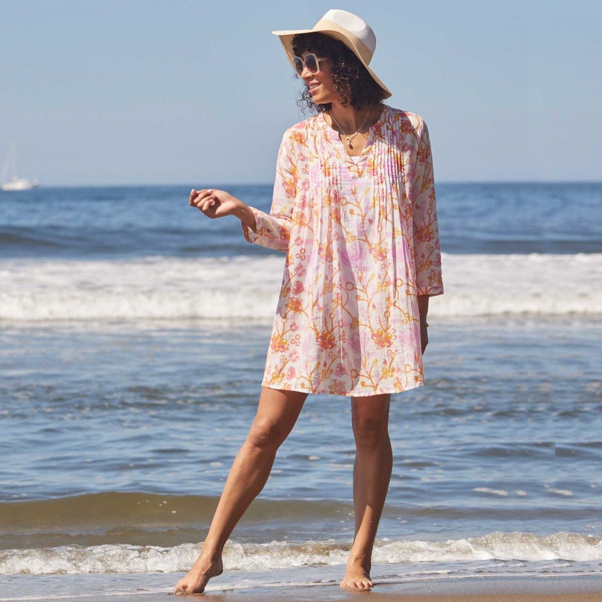 Gemma Pink blu Cotton Pintuck Beach Cover Up Swim Cover Up - rockflowerpaper