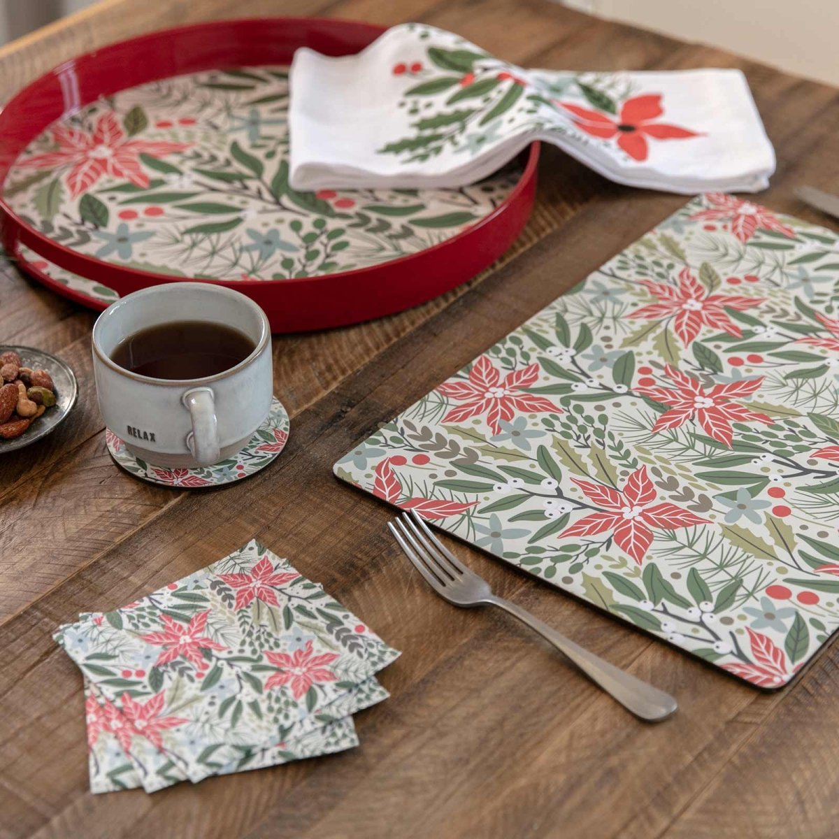 Holiday Poinsettia Round Art Coasters - Set of 4 Coaster - rockflowerpaper