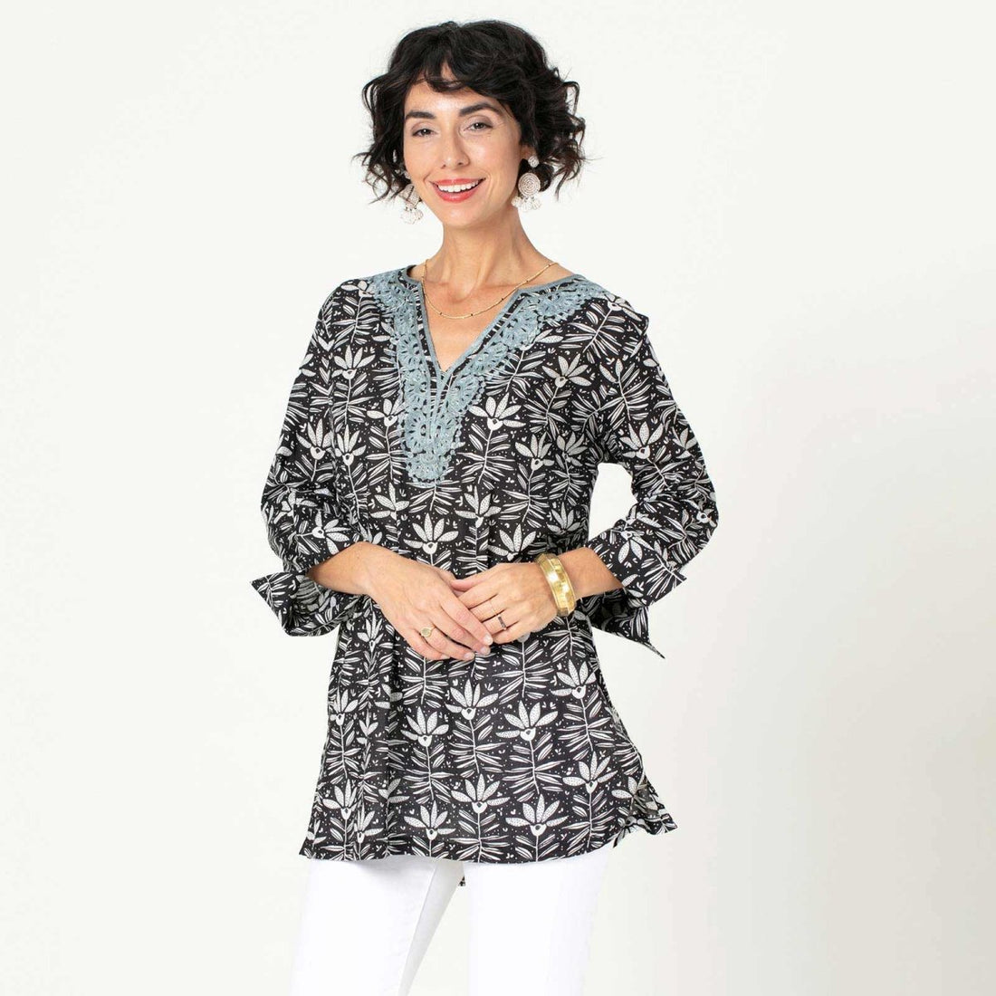 Iris Black blu Cotton Embroidered Kurta Tunic Embroidered Tunic - rockflowerpaper