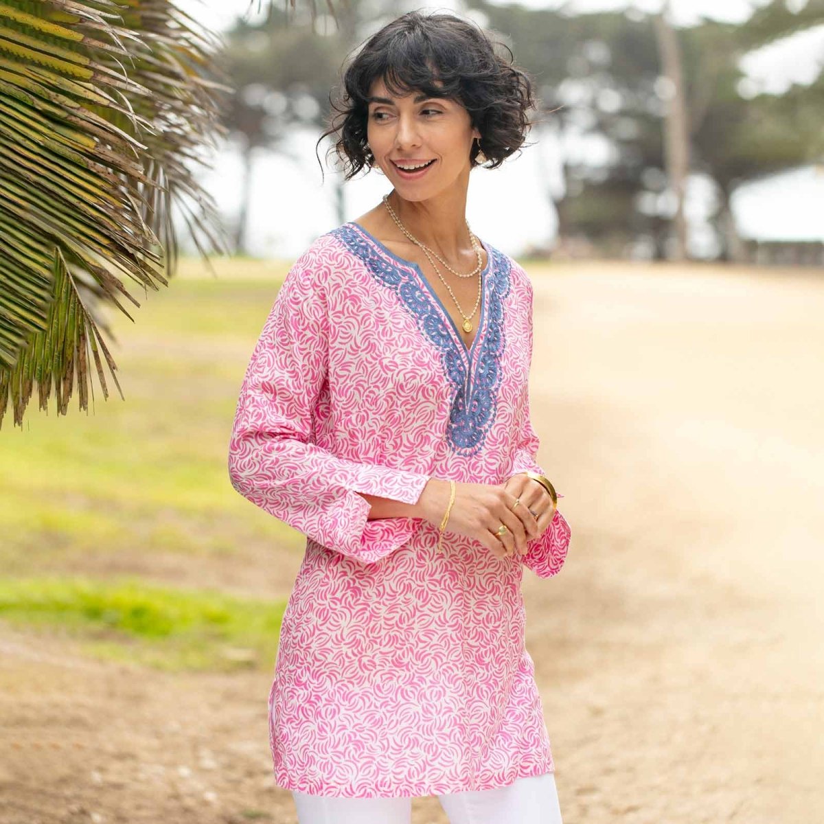 Isa Pink blu Cotton Embroidered Kurta Tunic Embroidered Tunic - rockflowerpaper