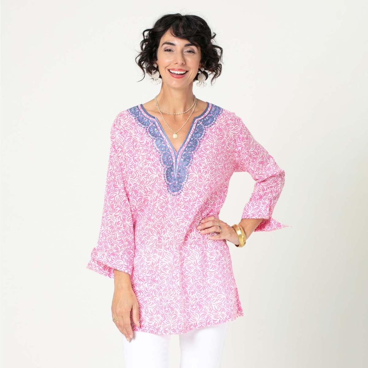 Isa Pink blu Cotton Embroidered Kurta Tunic Embroidered Tunic - rockflowerpaper