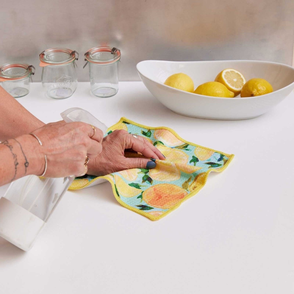 Lemon Slices blu Kitchen Dish Cloths (Set of 3) Reusable Dish Cloth - rockflowerpaper