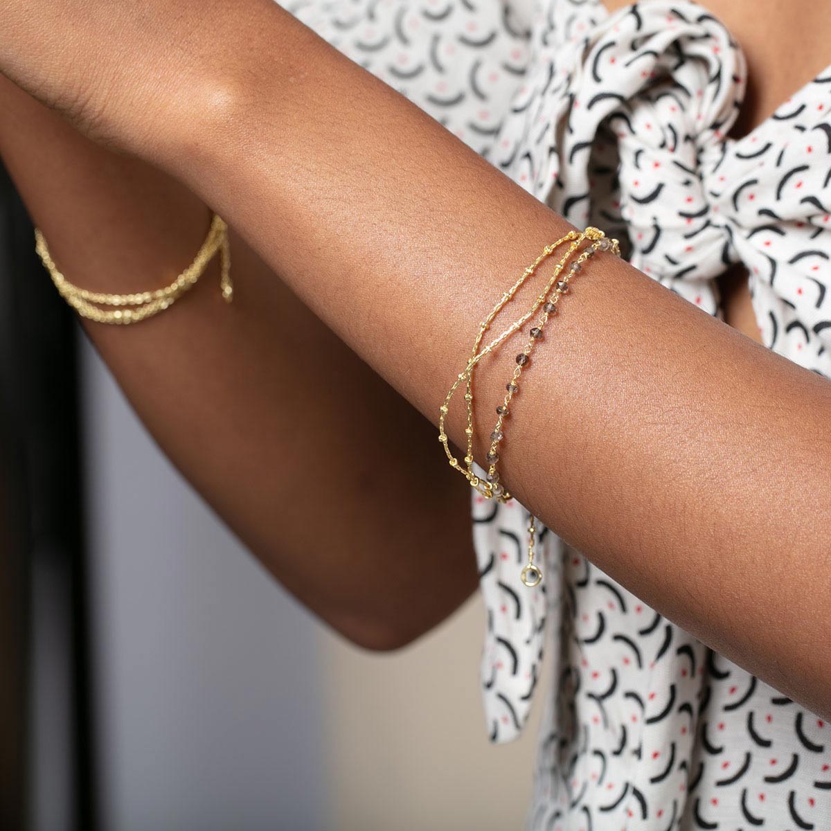 Lite Triple Layer Smoky Bead Bracelet Stack - Gold Plate Bracelet - rockflowerpaper