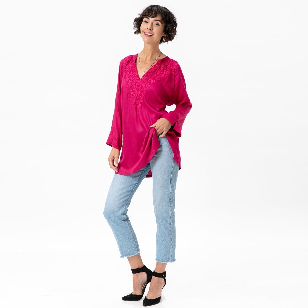 Magenta Embroidered Satin Tunic Embroidered Tunic - rockflowerpaper