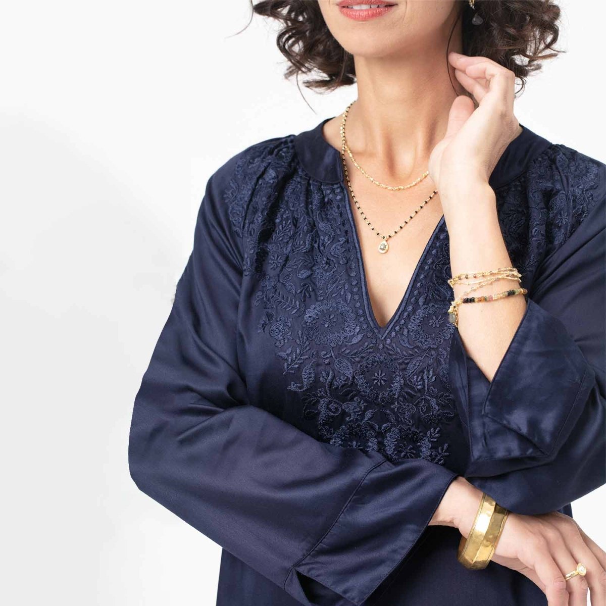 Navy Embroidered Satin Tunic Embroidered Tunic - rockflowerpaper