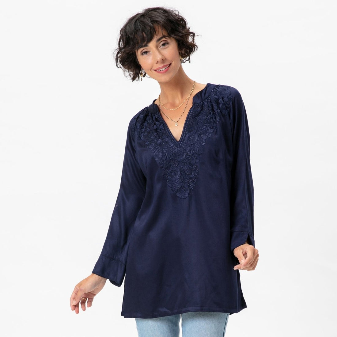 Navy Embroidered Satin Tunic Embroidered Tunic - rockflowerpaper