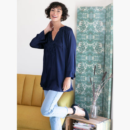 Navy Embroidered Satin Tunic Embroidered Tunic - rockflowerpaper