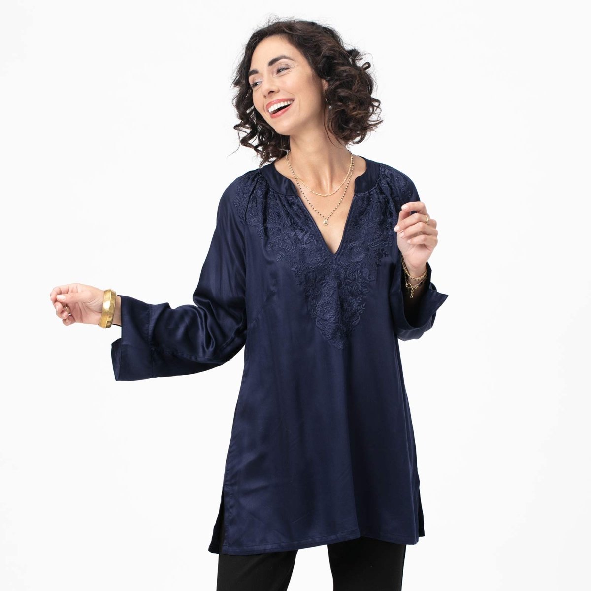 Navy Embroidered Satin Tunic Embroidered Tunic - rockflowerpaper