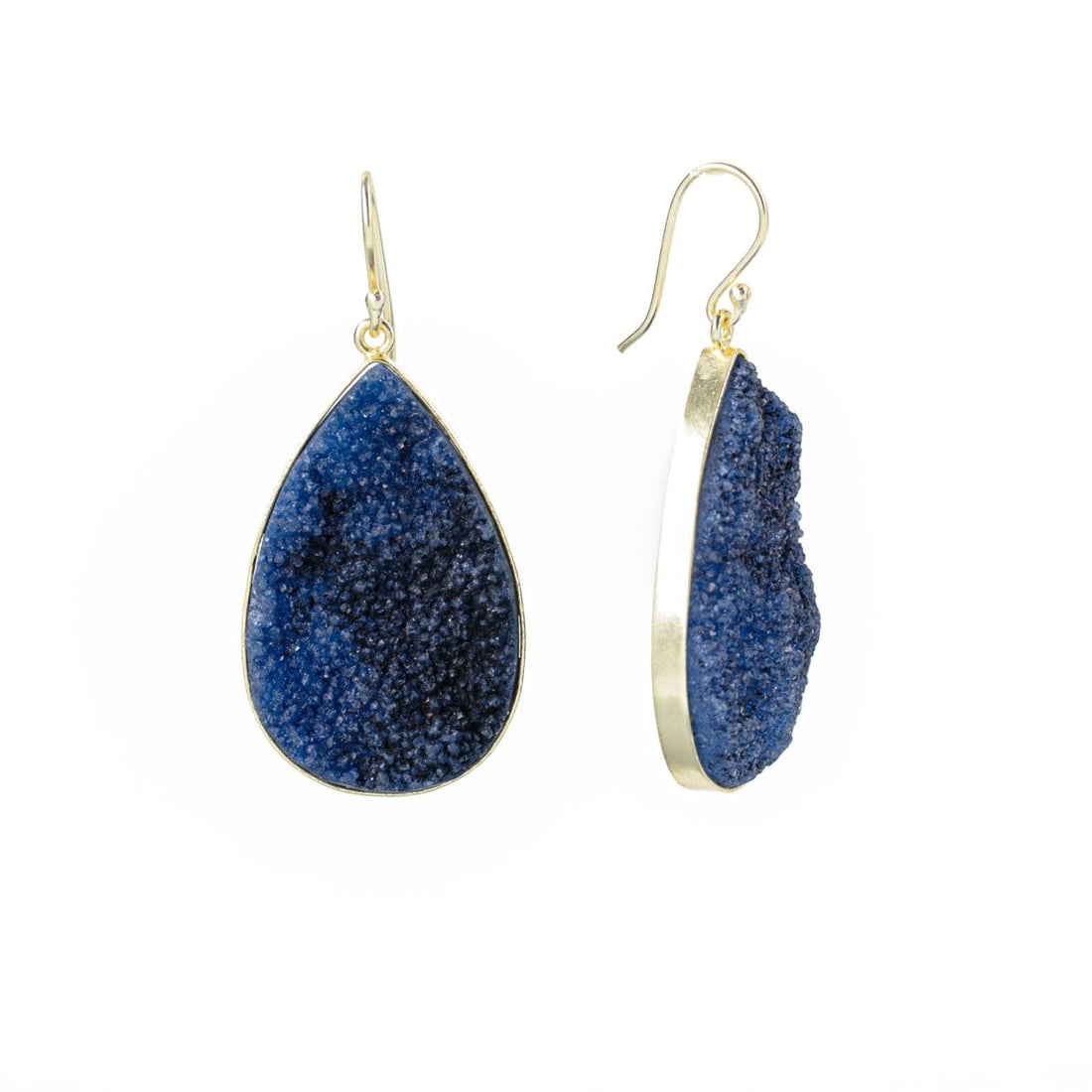 Navy Iolite Druzy Pear Dangle Earrings Gold Plated Earring - rockflowerpaper