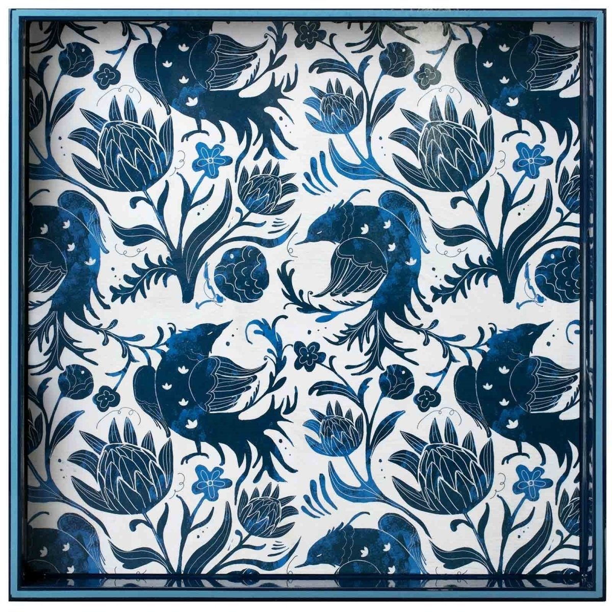 Ornate Indigo Birds 15 Inch Square Lacquer Art Serving Tray Tray - rockflowerpaper