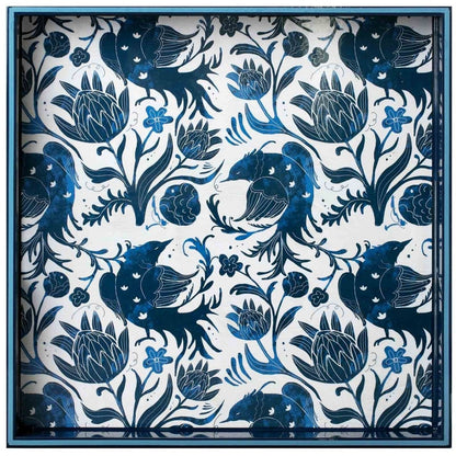 Ornate Indigo Birds 15 Inch Square Lacquer Art Serving Tray Tray - rockflowerpaper