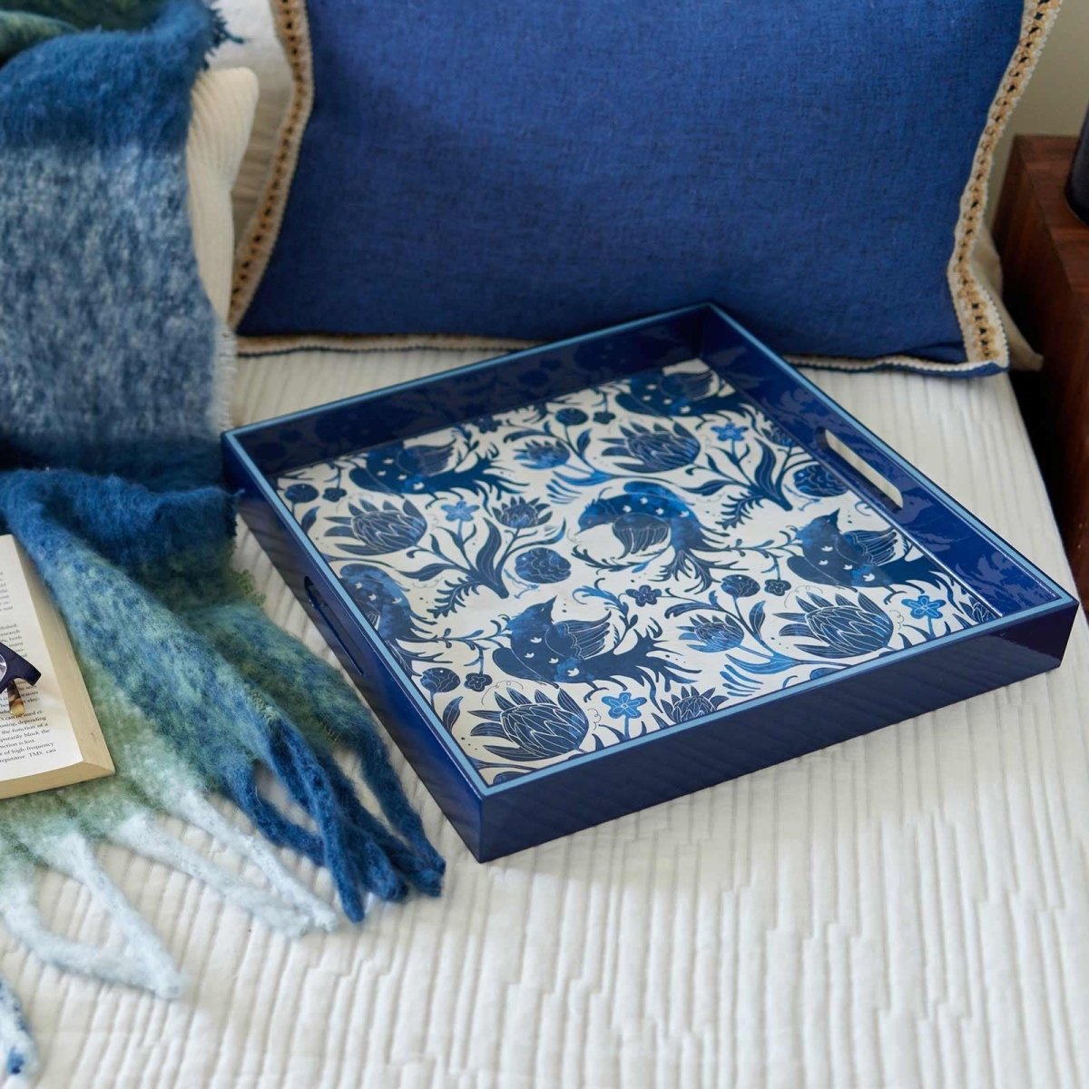 Ornate Indigo Birds 15 Inch Square Lacquer Art Serving Tray Tray - rockflowerpaper