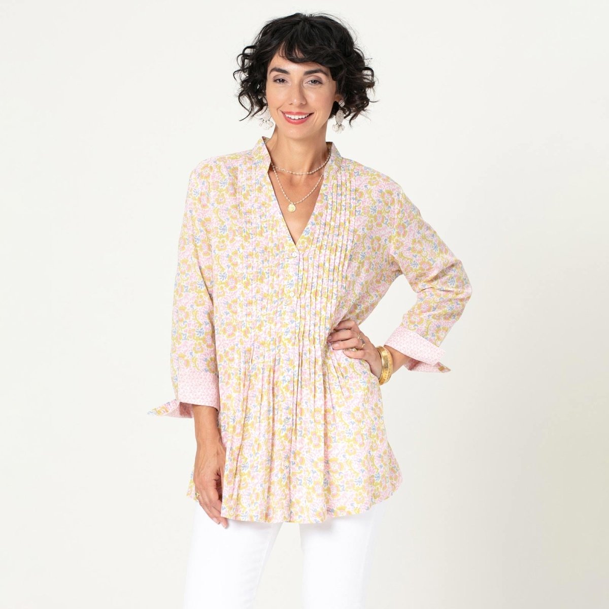 Patty Pink blu Cotton Pintuck Tunic Blouse Tunic - rockflowerpaper