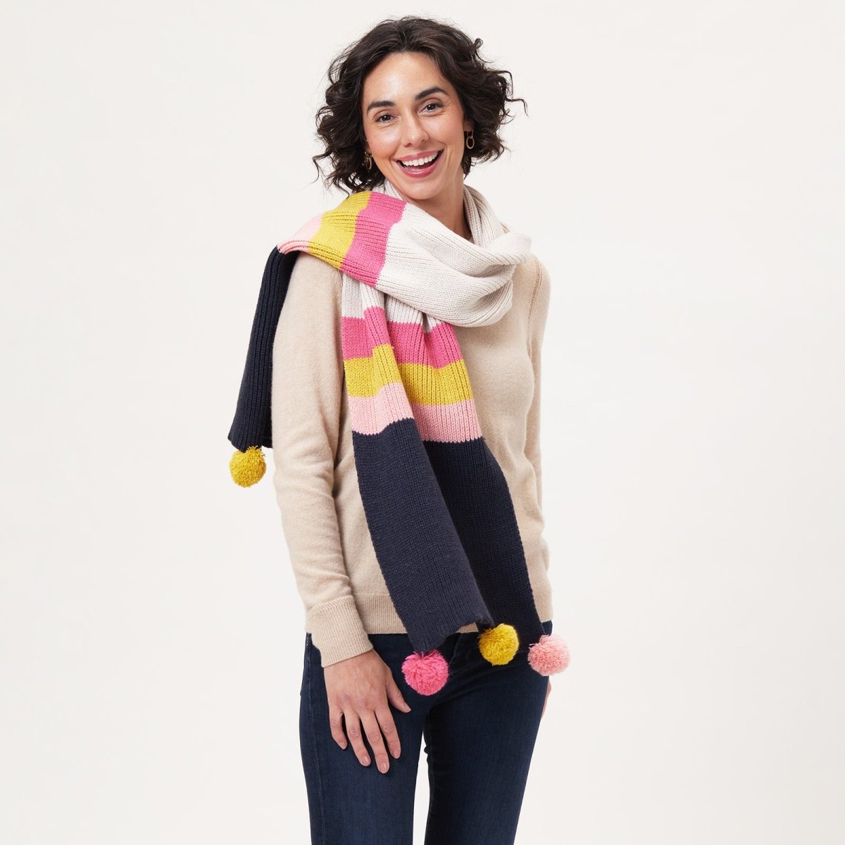 Piccadilly Stripe Navy Pink Knit Pom Pom Scarf Knit Scarf - rockflowerpaper