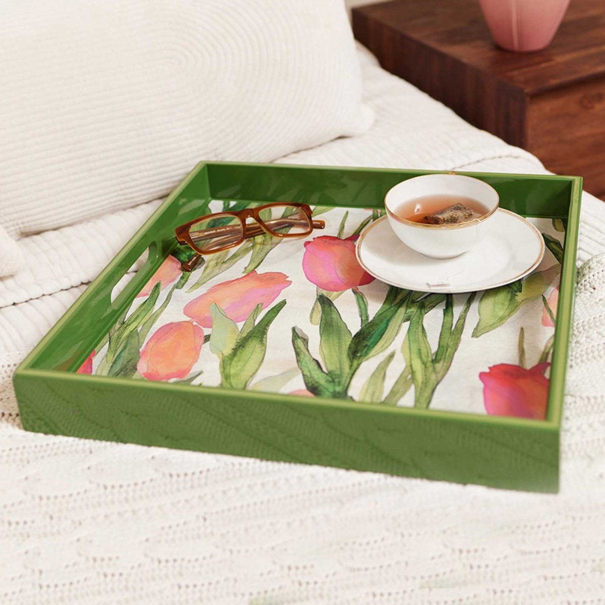 Pink Tulips 15 Inch Square Tray Tray - rockflowerpaper