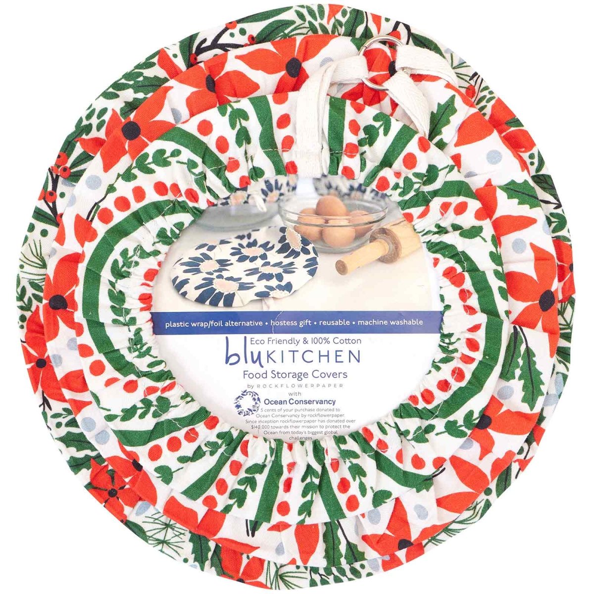 Poinsettia blu Kitchen Food Storage Covers (Set of 3 ) Eco Dish Cover - rockflowerpaper