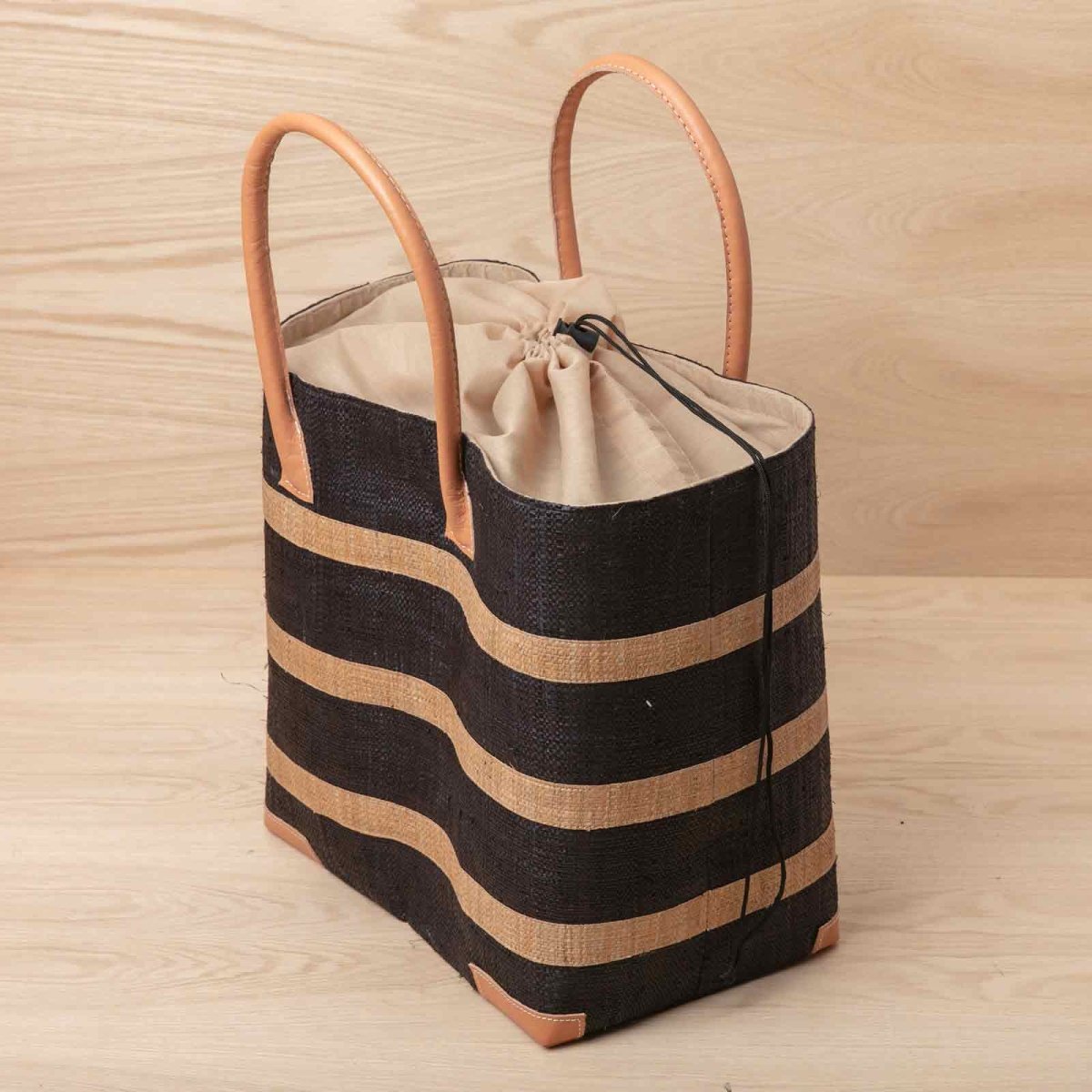 Raffia Black Beach Stripe Tote with Leather Handle Raffia Tote - rockflowerpaper