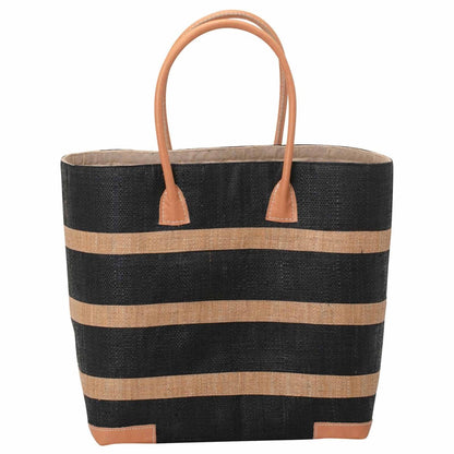 Raffia Black Beach Stripe Tote with Leather Handle Raffia Tote - rockflowerpaper