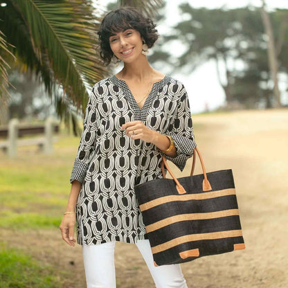 Raffia Black Beach Stripe Tote with Leather Handle Raffia Tote - rockflowerpaper