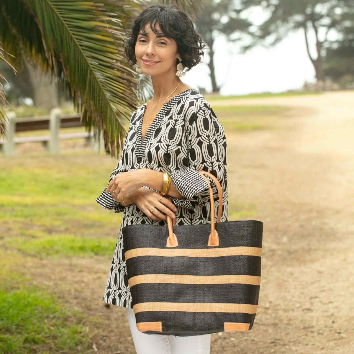 Raffia Black Beach Stripe Tote with Leather Handle Raffia Tote - rockflowerpaper