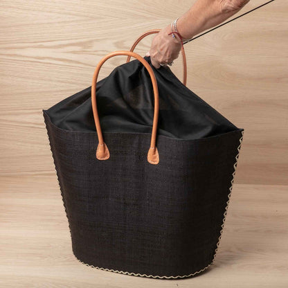 Raffia Black Tote with Leather Handle Raffia Tote - rockflowerpaper