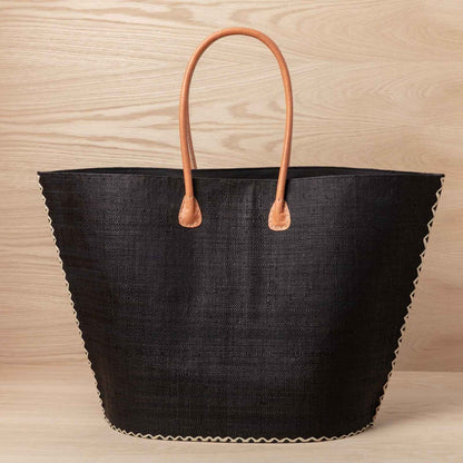 Raffia Black Tote with Leather Handle Raffia Tote - rockflowerpaper