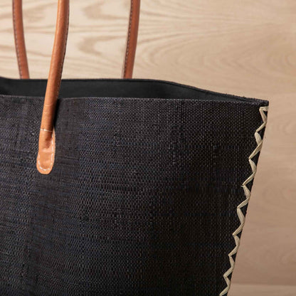 Raffia Black Tote with Leather Handle Raffia Tote - rockflowerpaper