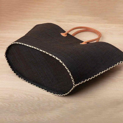 Raffia Black Tote with Leather Handle Raffia Tote - rockflowerpaper