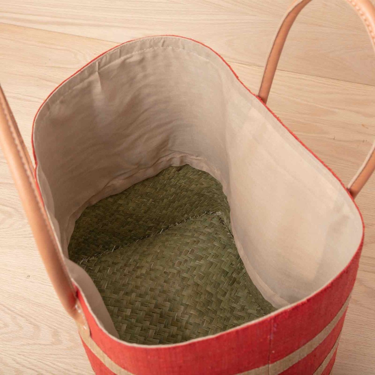 Raffia Coral Beach Stripe Tote with Leather Handle Raffia Tote - rockflowerpaper