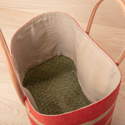 Raffia Coral Beach Stripe Tote with Leather Handle Raffia Tote - rockflowerpaper