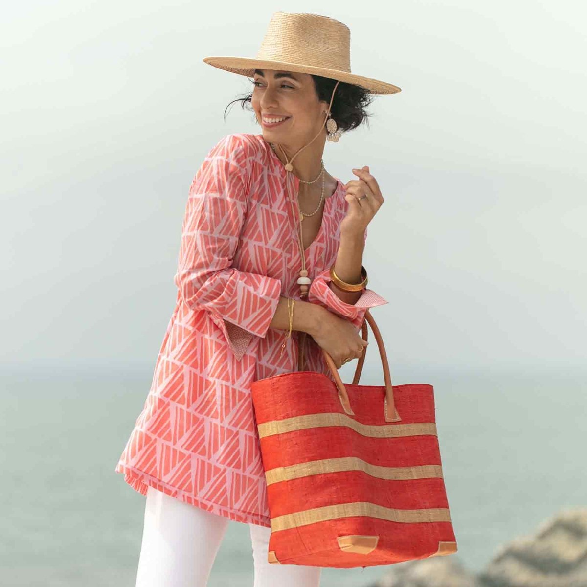 Raffia Coral Beach Stripe Tote with Leather Handle Raffia Tote - rockflowerpaper