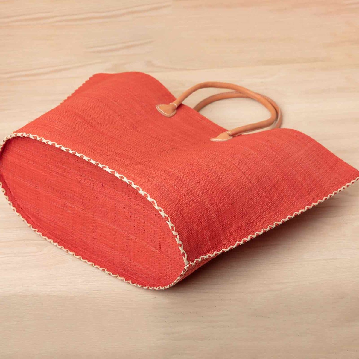 Raffia Coral Tote with Leather Handle Raffia Tote - rockflowerpaper