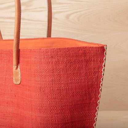 Raffia Coral Tote with Leather Handle Raffia Tote - rockflowerpaper