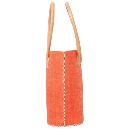 Raffia Coral Tote with Leather Handle Raffia Tote - rockflowerpaper