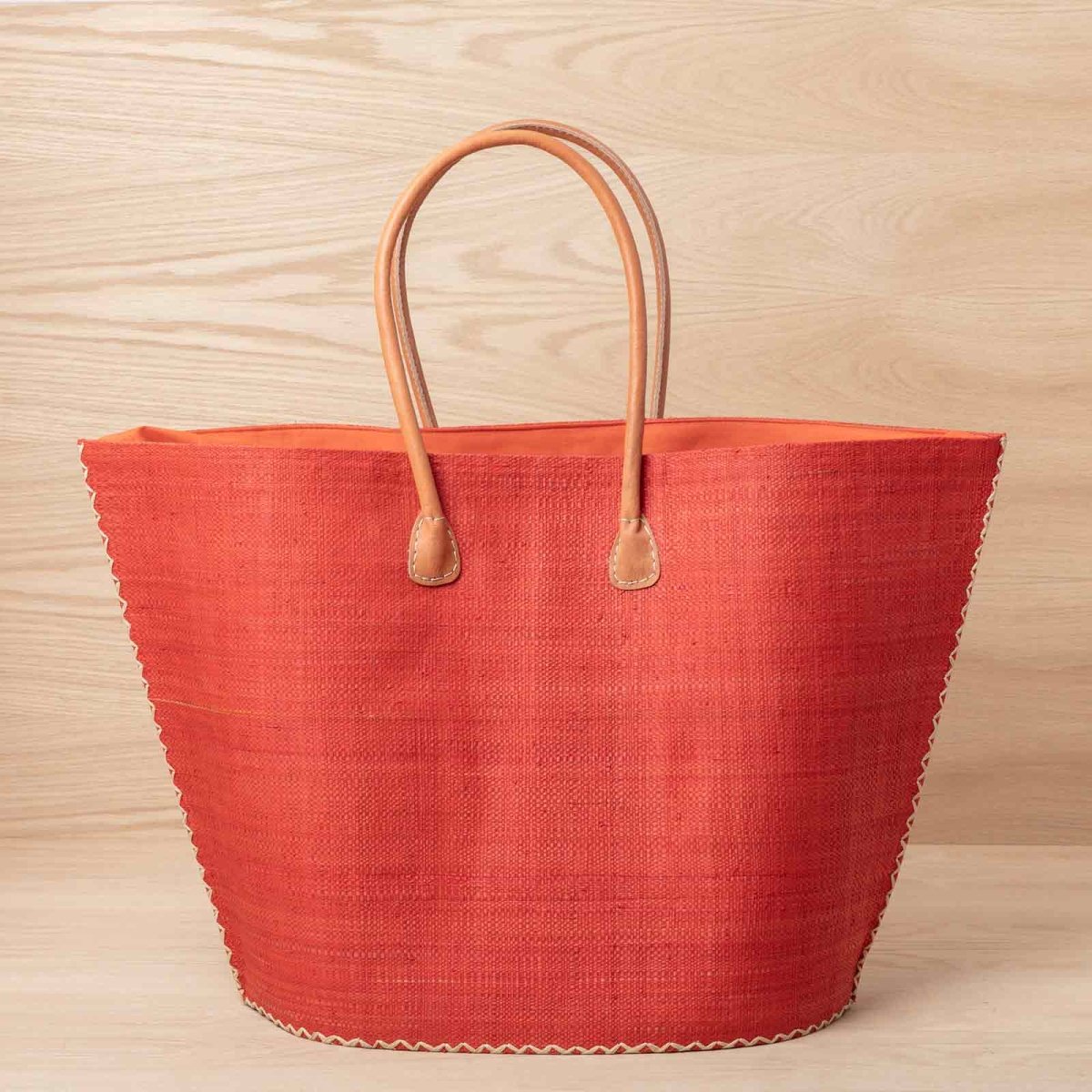 Raffia Coral Tote with Leather Handle Raffia Tote - rockflowerpaper