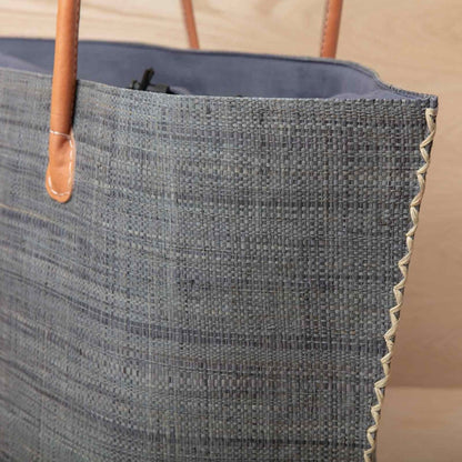Raffia Grey Tote with Leather Handle Raffia Tote - rockflowerpaper