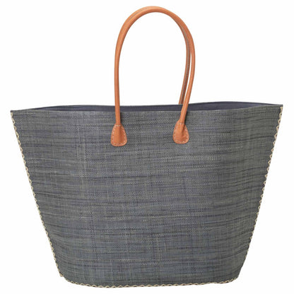 Raffia Grey Tote with Leather Handle Raffia Tote - rockflowerpaper