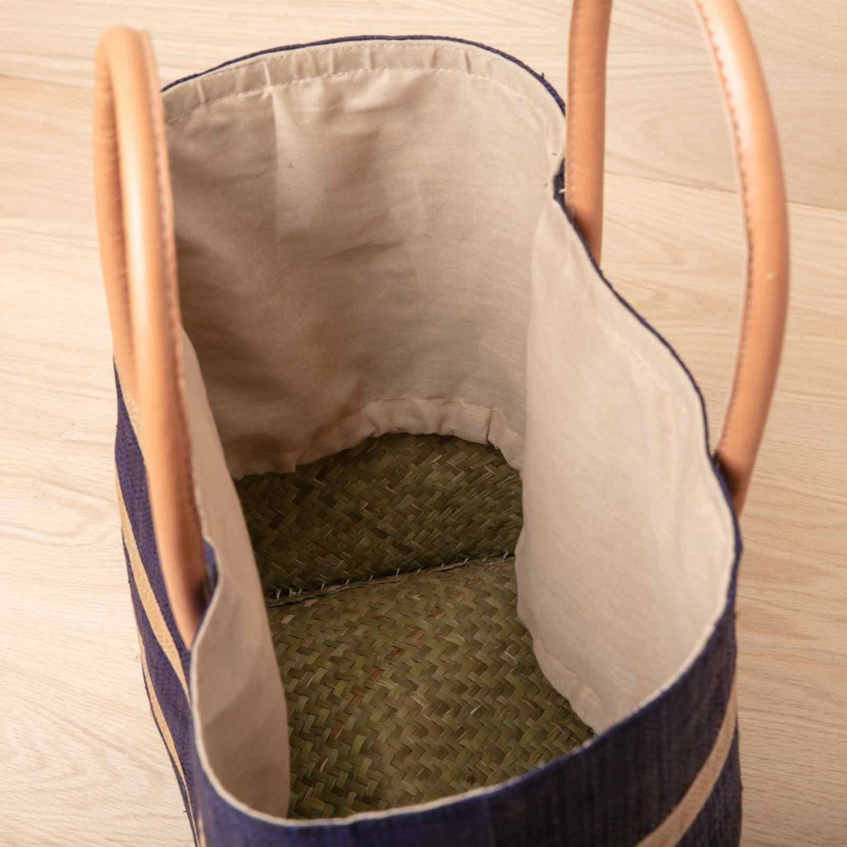 Raffia Navy Beach Stripe Tote with Leather Handle Raffia Tote - rockflowerpaper