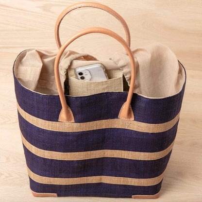 Raffia Navy Beach Stripe Tote with Leather Handle Raffia Tote - rockflowerpaper