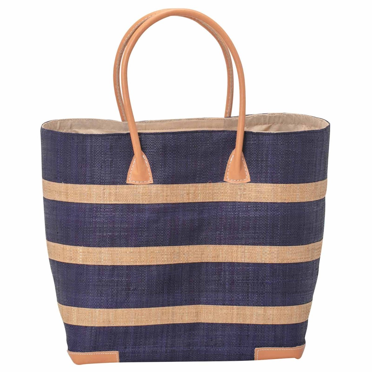 Raffia Navy Beach Stripe Tote with Leather Handle Raffia Tote - rockflowerpaper