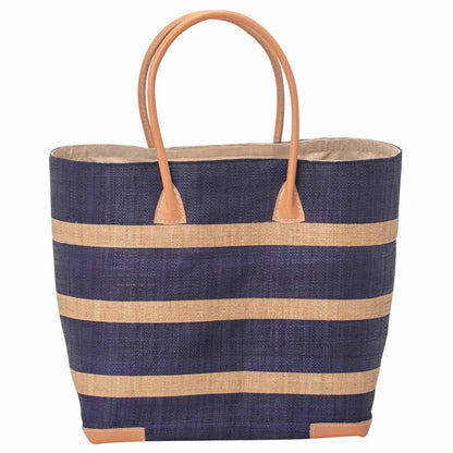Raffia Navy Beach Stripe Tote with Leather Handle Raffia Tote - rockflowerpaper