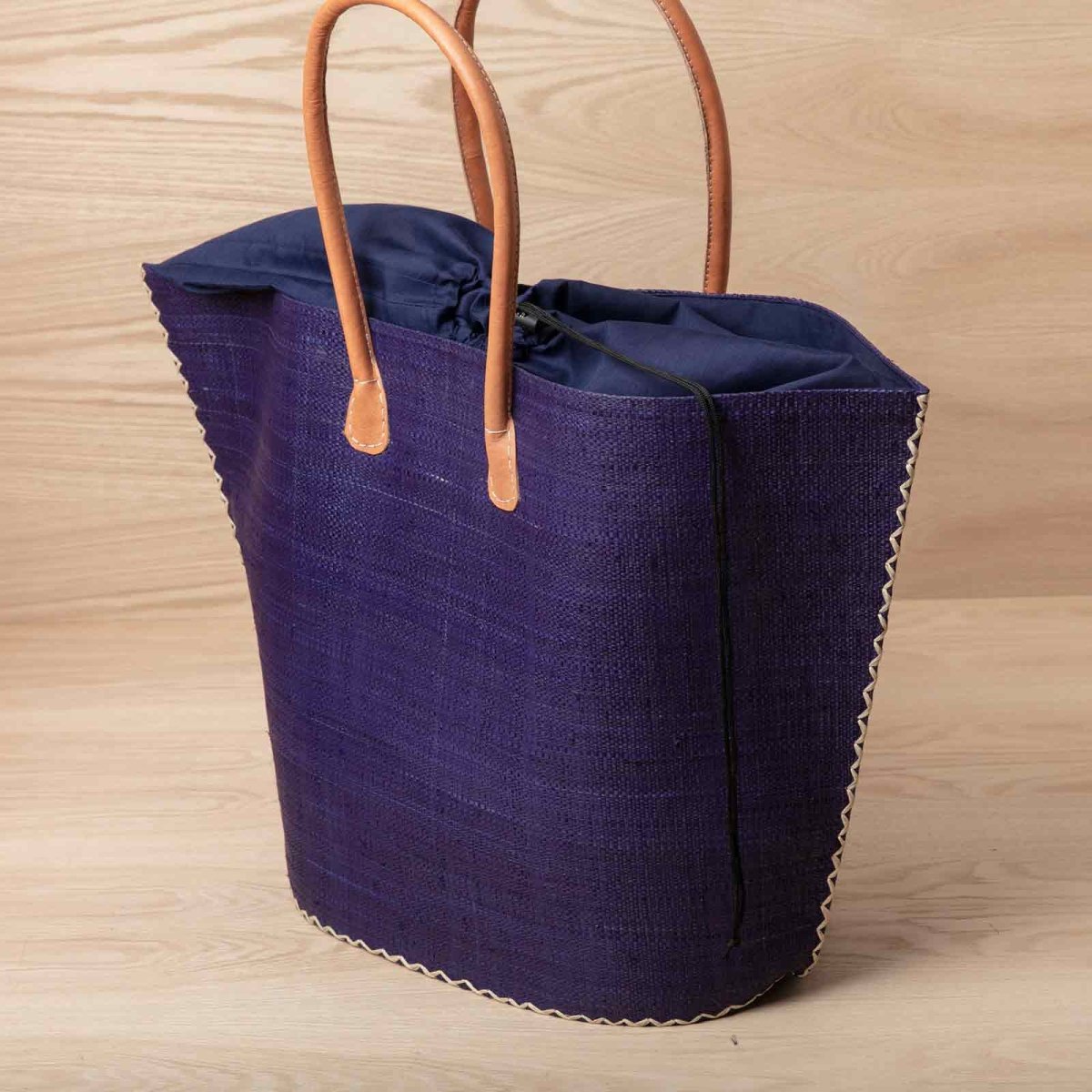 Raffia Navy Tote with Leather Handle Raffia Tote - rockflowerpaper