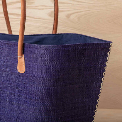Raffia Navy Tote with Leather Handle Raffia Tote - rockflowerpaper