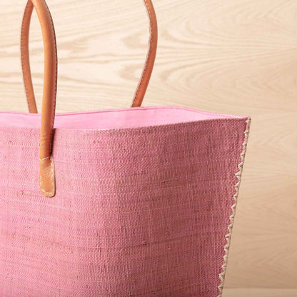 Raffia Pink Tote with Leather Handle Raffia Tote - rockflowerpaper