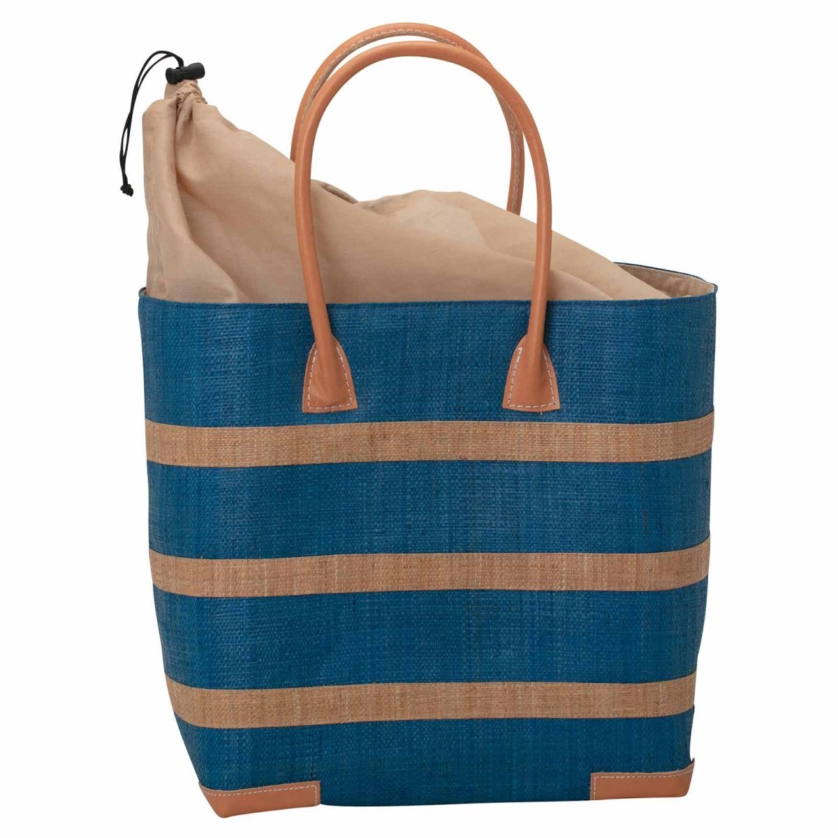 Raffia Turquoise Beach Stripe Tote with Leather Handle Raffia Tote - rockflowerpaper